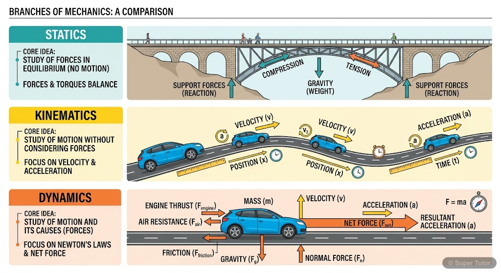An educational diagram illustrating the three main branches of mechanics: Statics (objects at rest), Kinematics (motion without considering causes), and Dynamics (motion considering causes). Each bran
