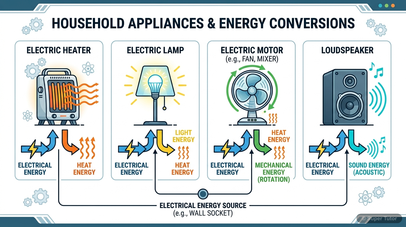 An infographic showing various household appliances and how they convert electrical energy into other forms of energy (heat, light, mechanical, sound).