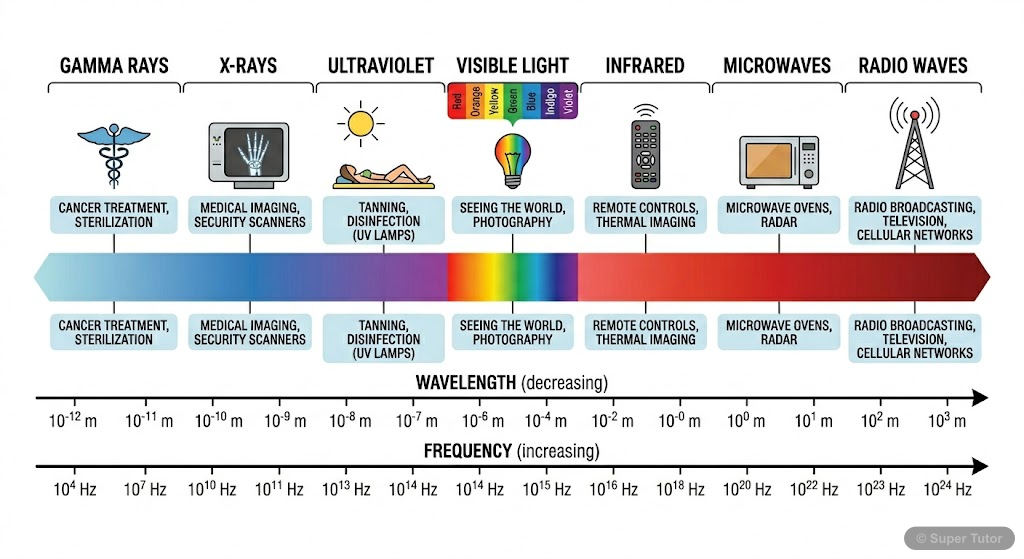 The Electromagnetic Spectrum A comprehensive infographic displaying the entire electromagnetic spectrum, ordered by increasing wavelength and decreasing frequency (or vice-versa). It should include different regions like Gamma ra