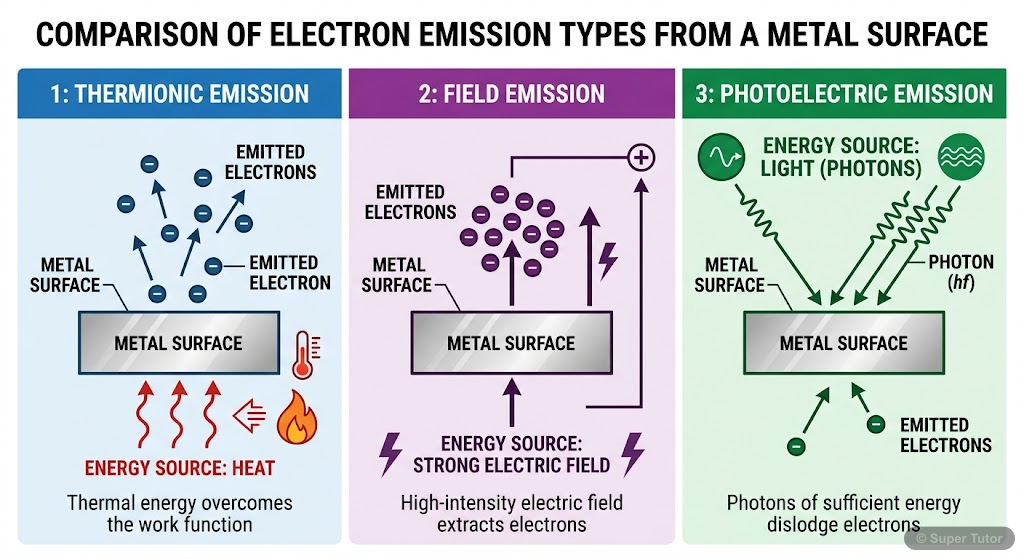 An infographic comparing the three main types of electron emission: Thermionic emission, Field emission, and Photoelectric emission, highlighting the energy source for each.