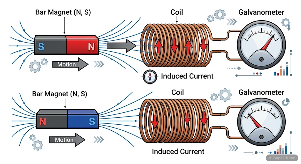 A labeled diagram illustrating Faraday's first experiment, showing a bar magnet moving towards and away from a stationary coil connected to a galvanometer, demonstrating induced current and its direct