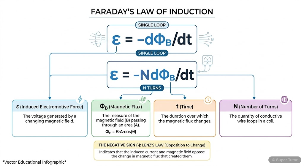 An infographic explaining Faraday's Law, showing the mathematical formulation and its components, emphasizing the relationship between induced EMF and the rate of change of magnetic flux.