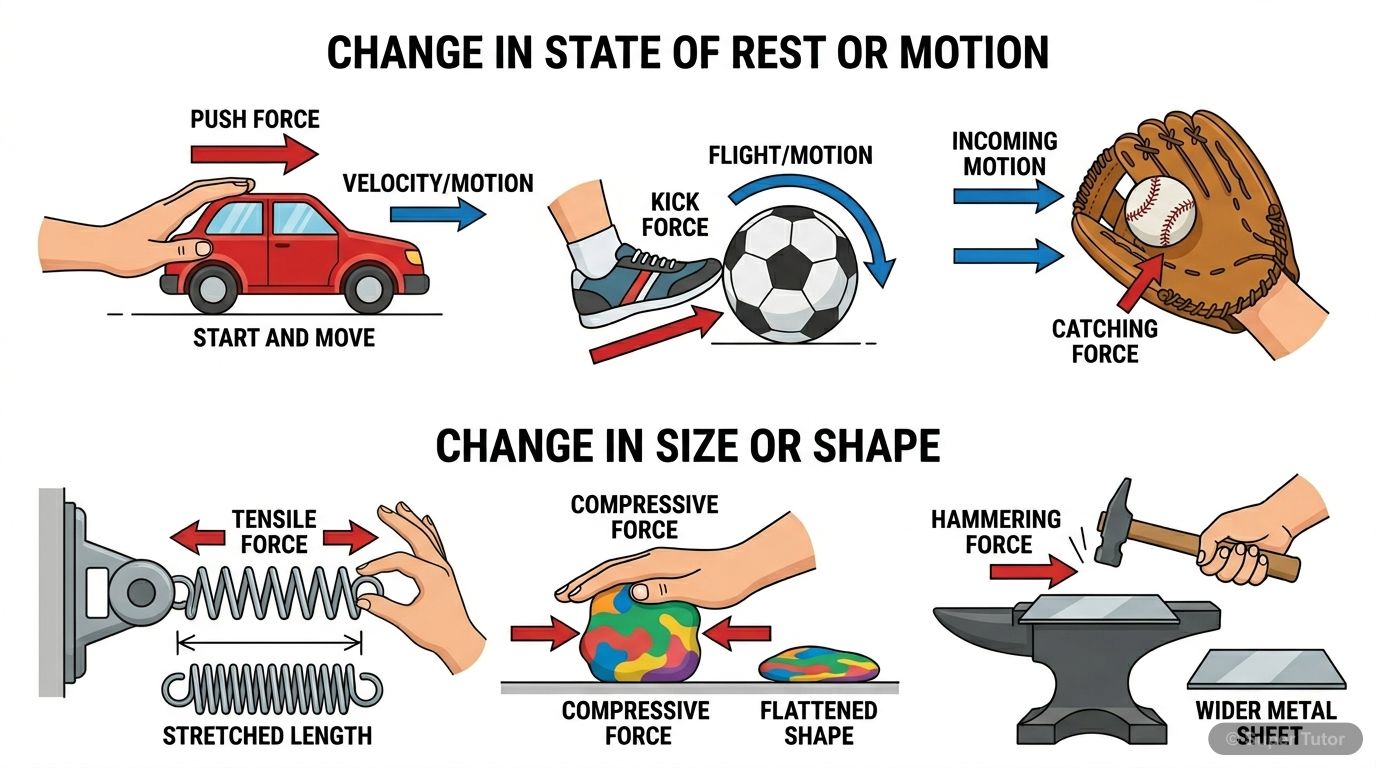 Effects of Force An illustration showing two main effects of force: changing the state of rest or motion of a body, and changing the size or shape of a body, with clear examples for each.