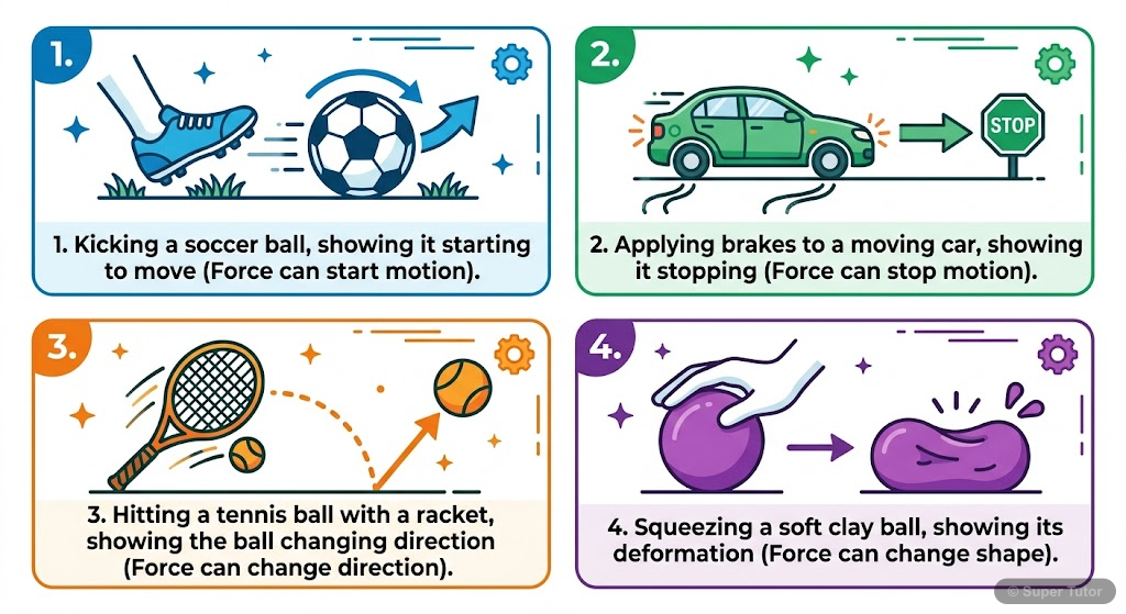 An infographic illustrating the various effects a force can have on an object: producing motion, stopping motion, changing direction, and changing shape.
