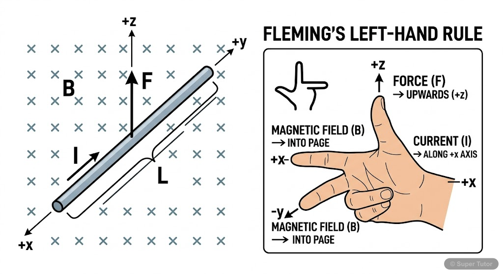 Illustrates the force experienced by a straight current-carrying wire placed in a uniform magnetic field, showing the directions of current, magnetic field, and the resulting force using Fleming's Lef
