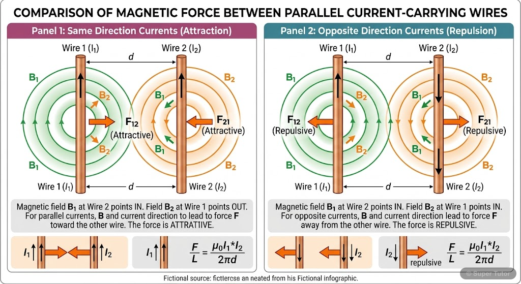 A comparison chart illustrating the attraction between two parallel wires carrying currents in the same direction and the repulsion when currents are in opposite directions.