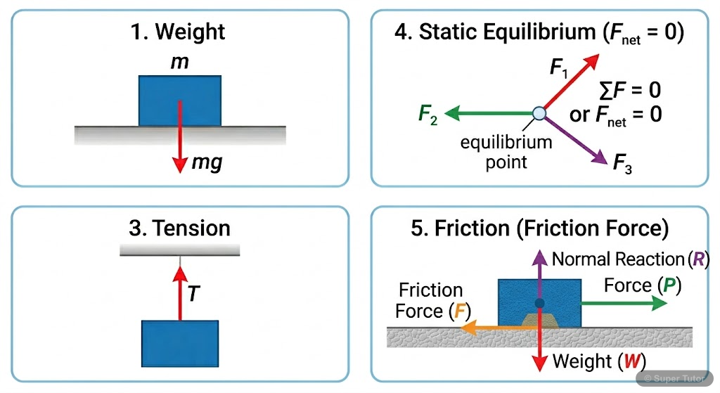 A diagram showing a block on a surface with an applied force and the resulting friction force acting in the opposite direction, parallel to the surface. Normal reaction and weight forces are also show