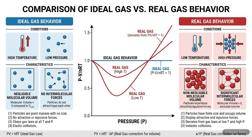 Ideal vs. Real Gas Behavior A comparison chart or graph illustrating the conditions under which real gases deviate from ideal gas behavior and when they approximate ideal behavior.