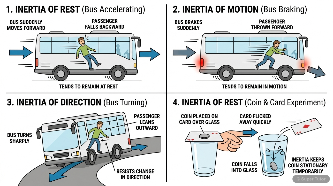 Illustrations demonstrating the three types of inertia: inertia of rest, inertia of motion, and inertia of direction, using common real-world scenarios.