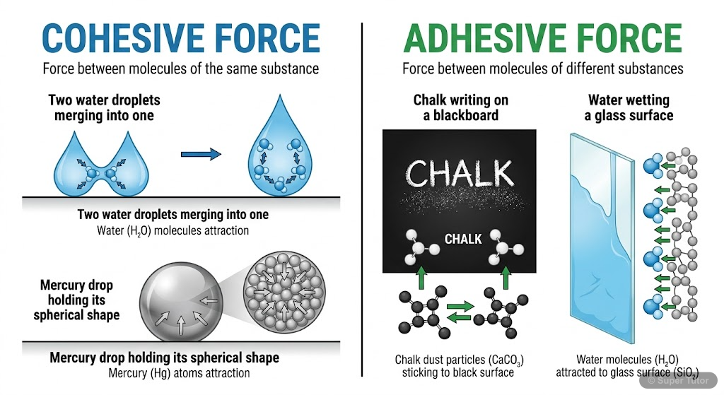 An infographic illustrating the difference between cohesive forces (attraction between molecules of the same substance) and adhesive forces (attraction between molecules of different substances), with
