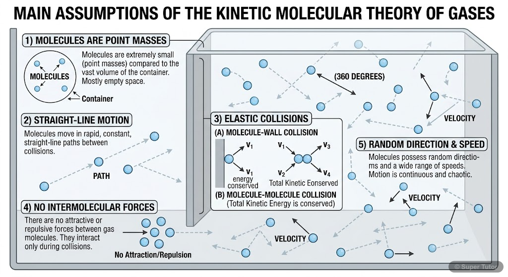 An infographic illustrating the key assumptions of the kinetic theory of gases, such as negligible molecular volume, no intermolecular forces, random motion, elastic collisions, and short collision du