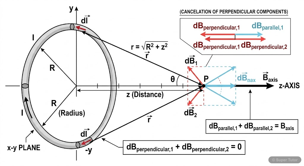 Illustrates the magnetic field produced by a circular current loop at a point on its axis, showing how perpendicular components of `dB` cancel and axial components add up.