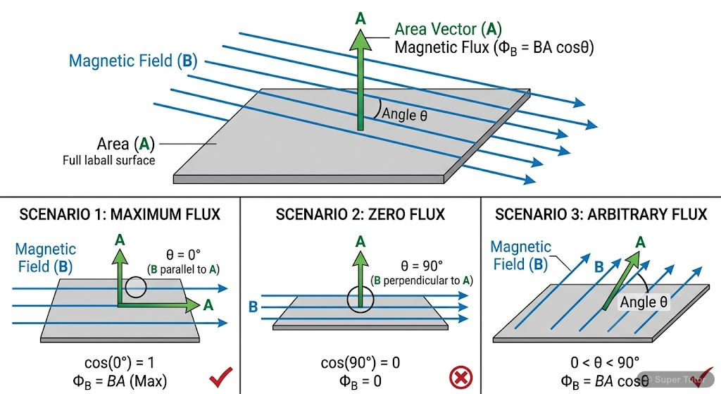 A labeled diagram illustrating the concept of magnetic flux through a plane area placed in a uniform magnetic field, showing how the angle between the area vector and magnetic field lines affects the 