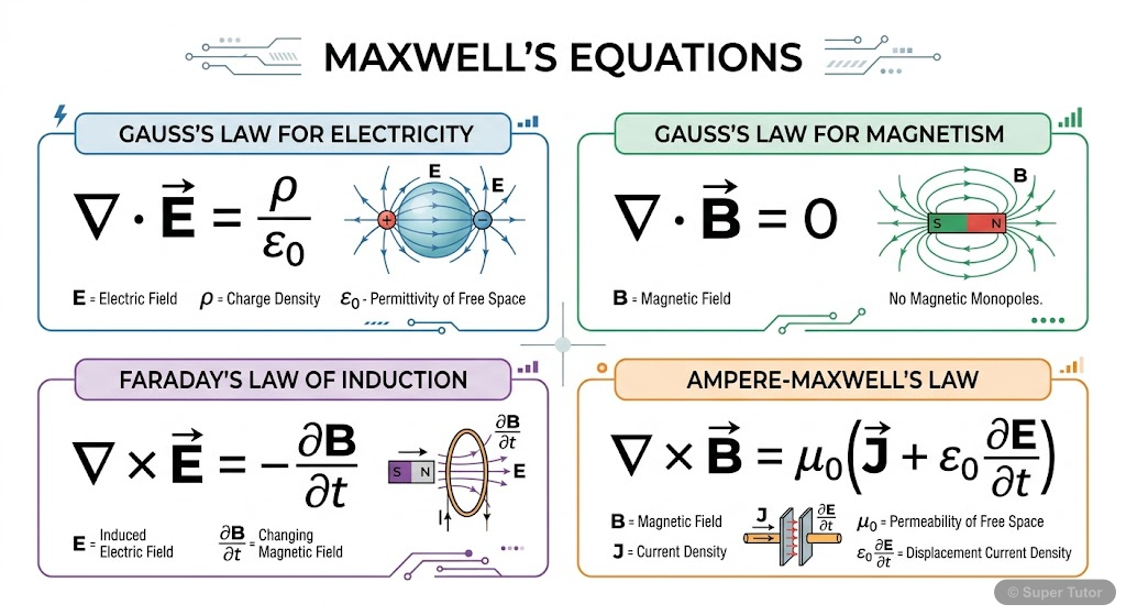A concise summary of Maxwell's four fundamental equations of electromagnetism: Gauss's Law for Electricity, Gauss's Law for Magnetism, Faraday's Law of Induction, and Ampere-Maxwell's Law, each with i