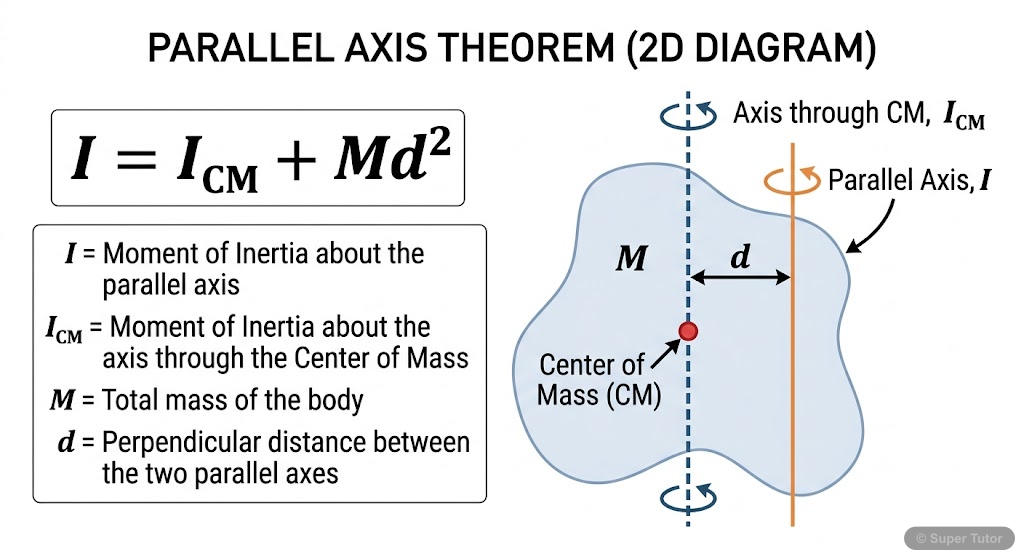 Parallel Axis Theorem A diagram illustrating the parallel axis theorem. It shows a rigid body with its center of mass, an axis passing through the center of mass (I_CM), and a parallel axis at a distance 'd' from the I_CM