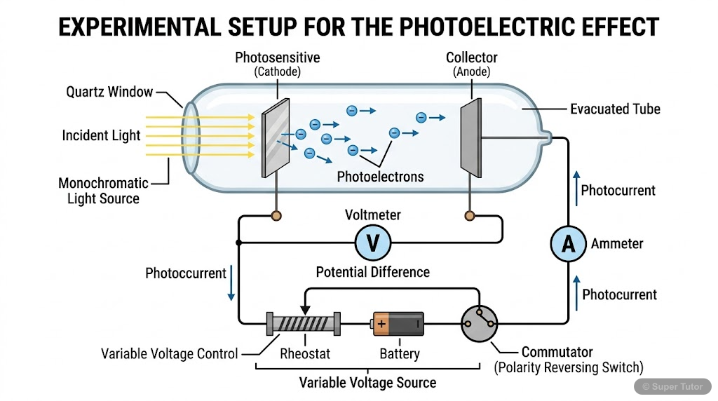Experimental Setup for Photoelectric Effect A labeled diagram of the experimental arrangement used to study the photoelectric effect, including the evacuated quartz tube, emitter plate, collector plate, incident light, variable voltage source,