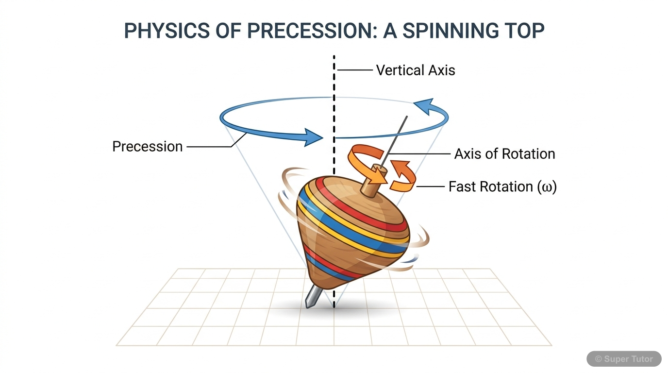 An illustration showing a spinning top whose axis of rotation is slowly rotating around a vertical axis, demonstrating the phenomenon of precession. The top is tilted relative to the vertical.