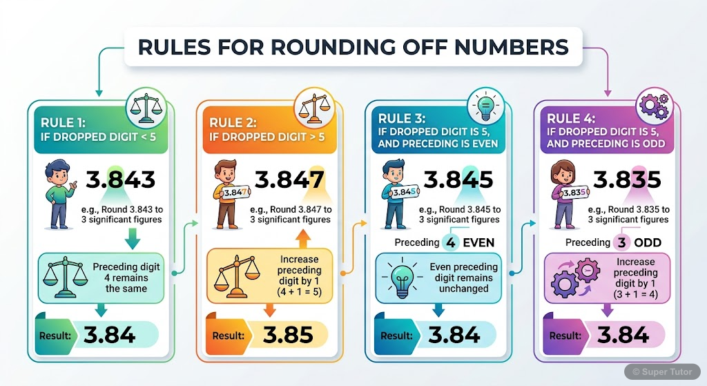 An infographic explaining the rules for rounding off numbers to a specified number of significant figures, including cases where the digit to be dropped is 5.