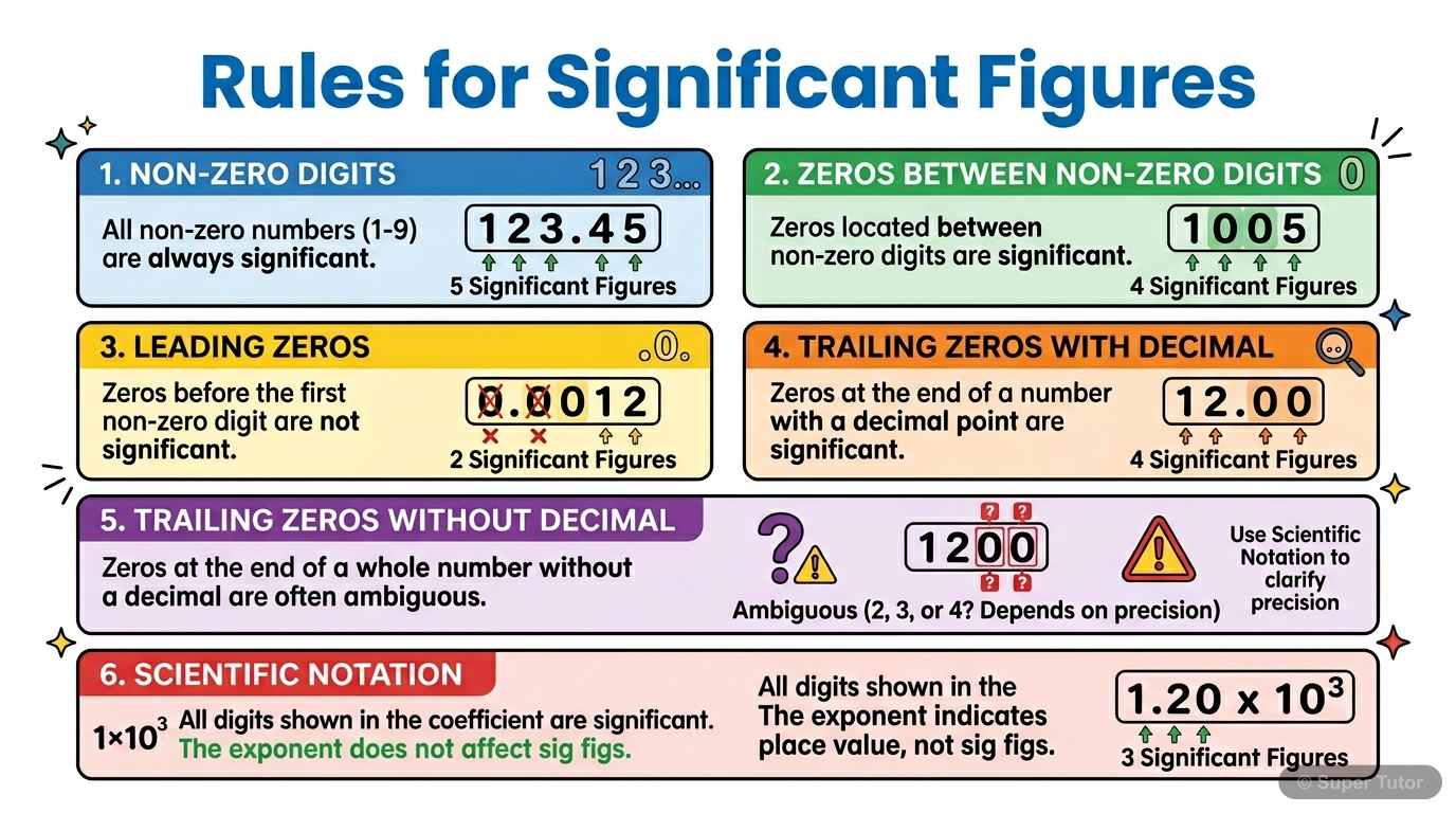An infographic outlining the rules for determining the number of significant figures in a given measurement, with clear examples for each rule.