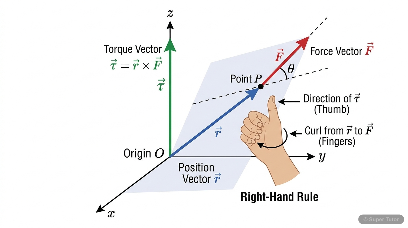Torque as a Vector Product A 3D diagram illustrating the definition of torque (τ = r x F). It shows a force vector (F) applied at a point with position vector (r) relative to an origin, and the resulting torque vector (τ) perpe