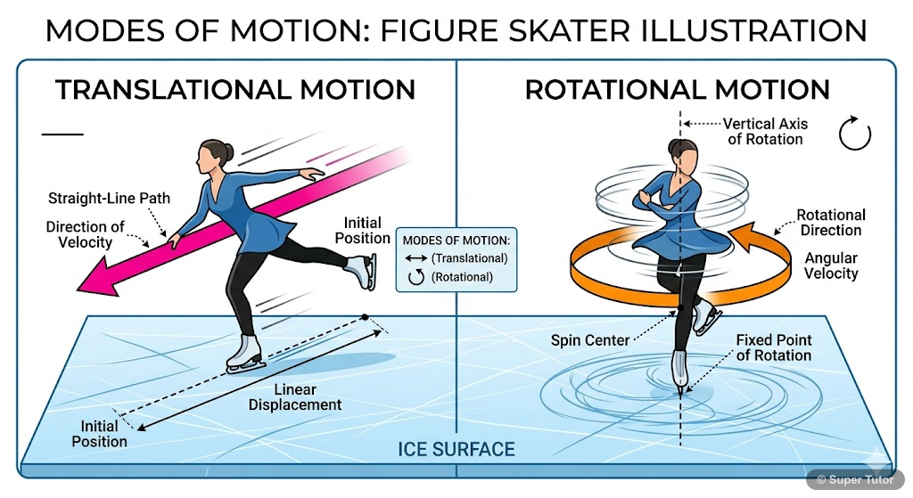 An illustration comparing translational motion (straight line) and rotational motion (spinning about an axis) using a figure skater as an example.