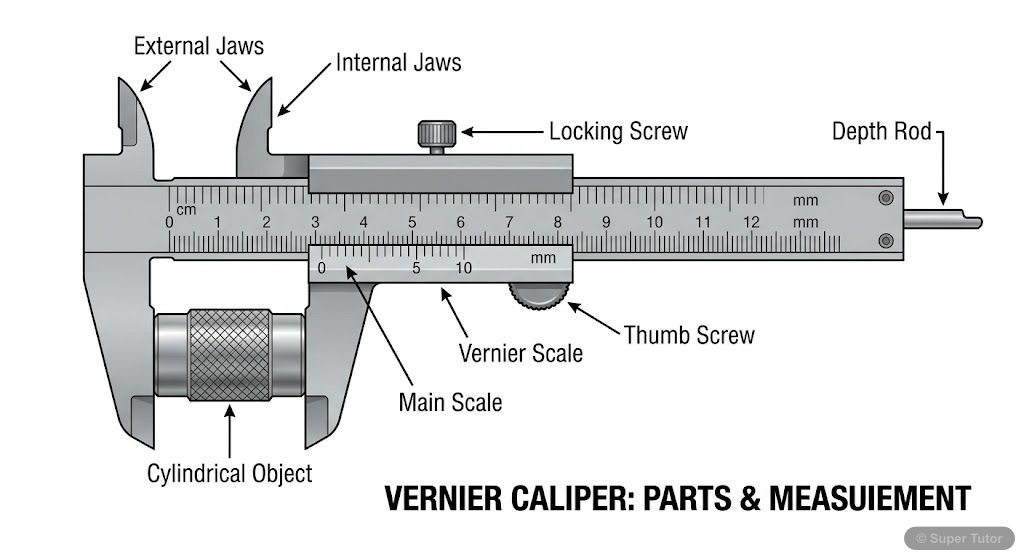 A detailed labeled diagram of a Vernier caliper, highlighting its main components like main scale, vernier scale, external jaws, internal jaws, depth rod, and screw lock. Show an object (e.g., a cylin