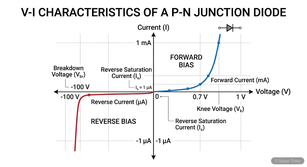 A graph showing the current (I) versus voltage (V) characteristics of a p-n junction diode. Include both forward bias (exponential increase after knee voltage) and reverse bias (small reverse saturati