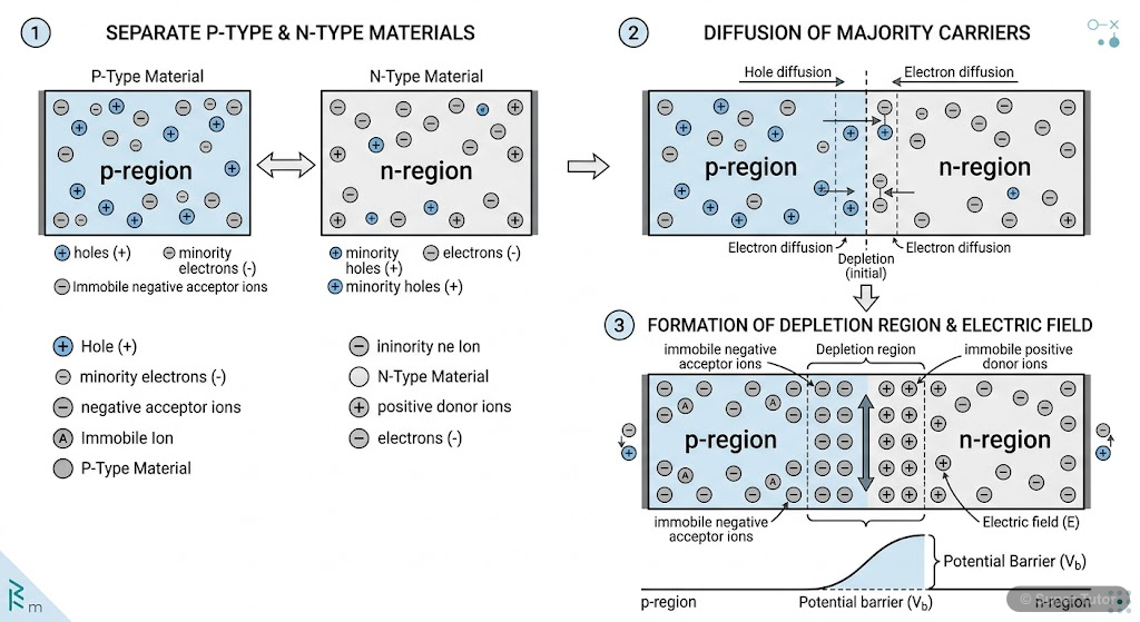 A step-by-step diagram illustrating the formation of a p-n junction. Show a p-type and n-type semiconductor brought into contact, followed by the diffusion of majority carriers, the formation of immob