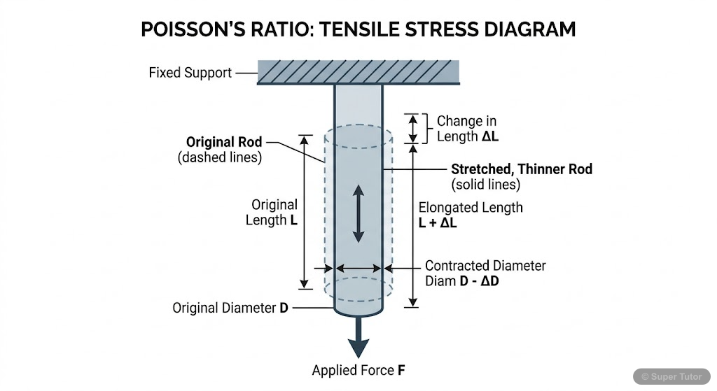 A labeled diagram illustrating Poisson's ratio by showing a cylindrical rod undergoing tensile stress, resulting in longitudinal elongation and simultaneous lateral contraction (decrease in diameter).