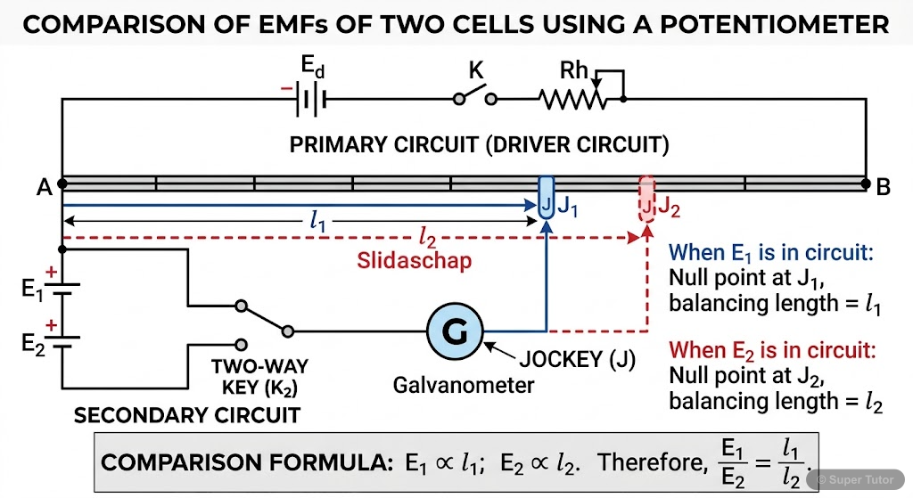 A circuit diagram of a potentiometer setup used to compare the electromotive forces (EMFs) of two cells.