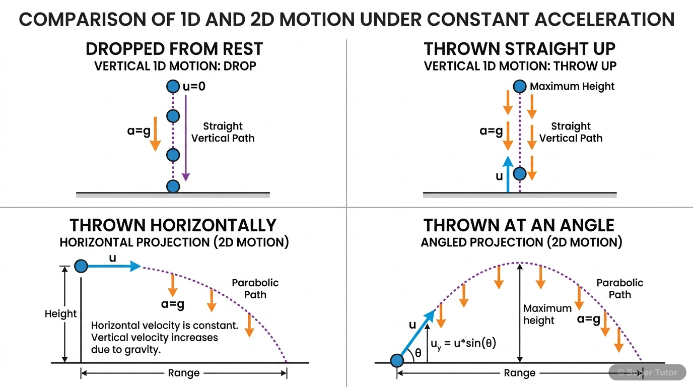 Illustrates the difference between one-dimensional motion (straight line) and two-dimensional motion (parabolic path) under constant acceleration, specifically gravity. Shows cases where initial veloc
