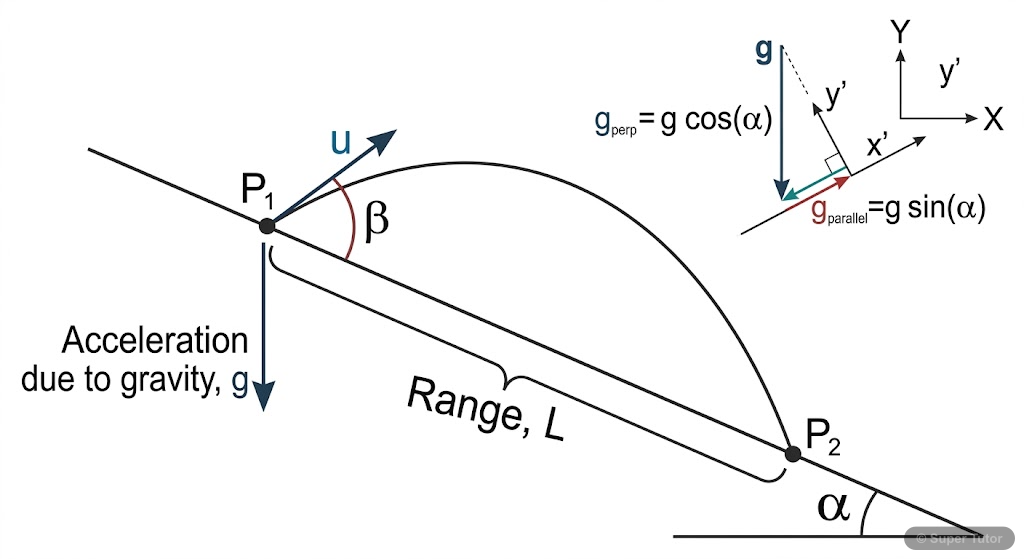 A diagram showing a projectile launched from an inclined plane, illustrating its trajectory relative to the inclined surface and the horizontal.