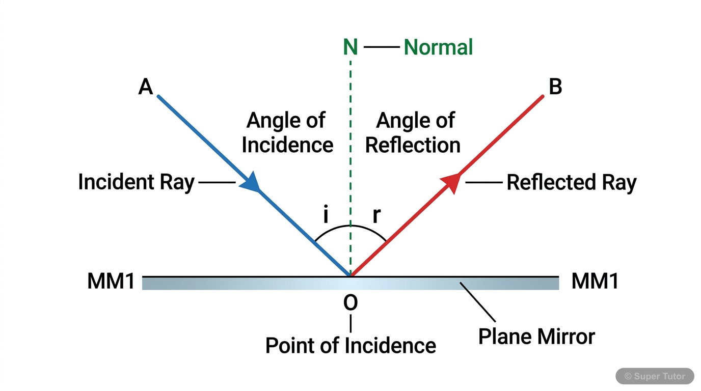 Terms Related to Reflection A labeled diagram illustrating key terms associated with reflection: incident ray, reflected ray, normal, point of incidence, angle of incidence, and angle of reflection.