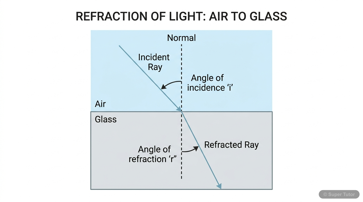 A labeled diagram showing a light ray passing from a rarer medium (air) to a denser medium (glass), bending towards the normal. It illustrates the incident ray, refracted ray, normal, angle of inciden