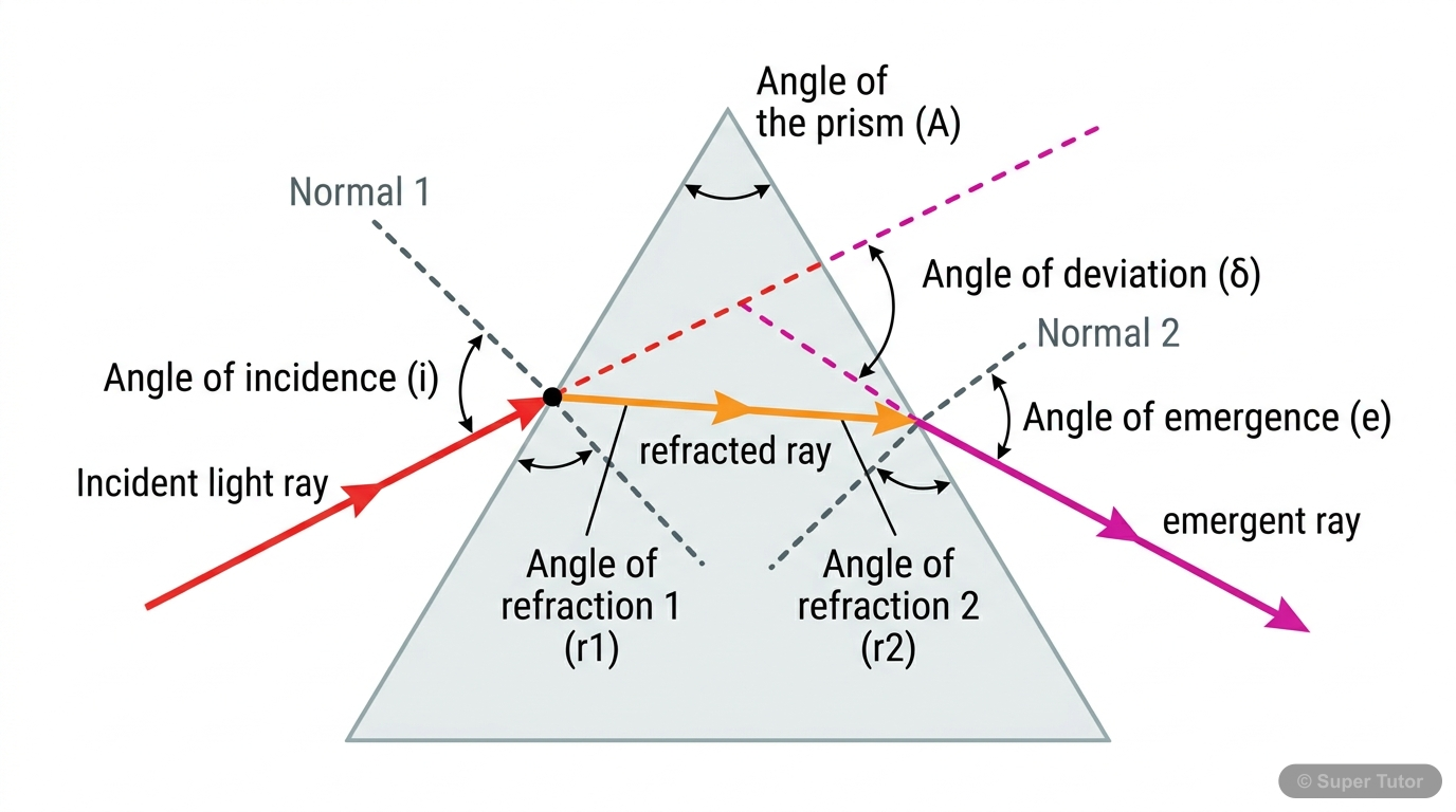 Refraction Through a Prism A labeled diagram showing a light ray passing through a triangular prism, illustrating the angles of incidence, refraction, emergence, prism angle, and angle of deviation.