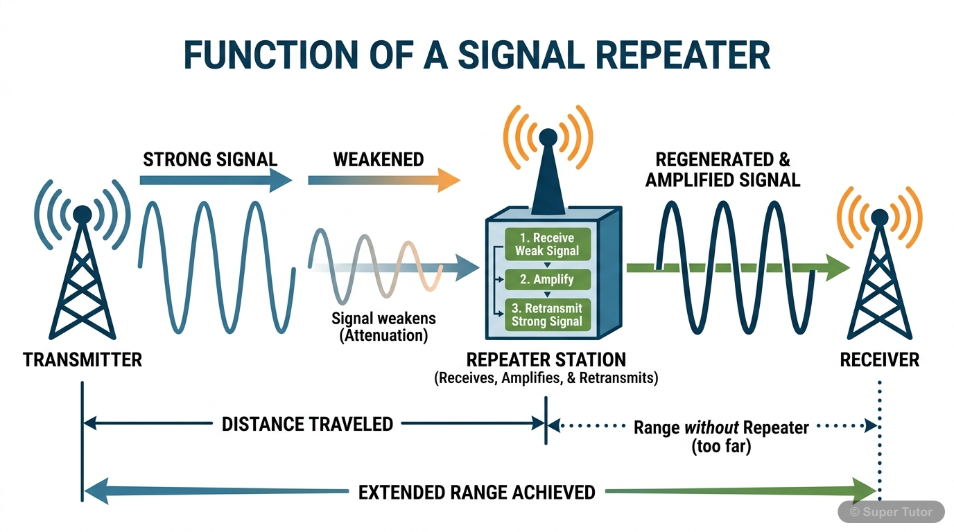 A diagram showing how a repeater extends the range of a communication system by receiving, amplifying, and retransmitting signals.