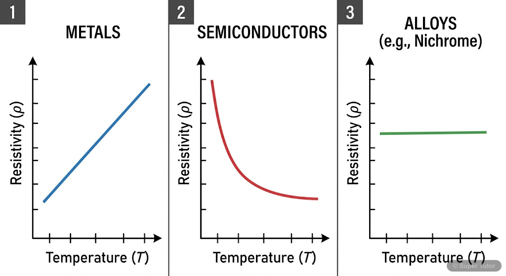 Graphs showing the variation of resistivity with temperature for different types of materials: metals, semiconductors, and alloys.