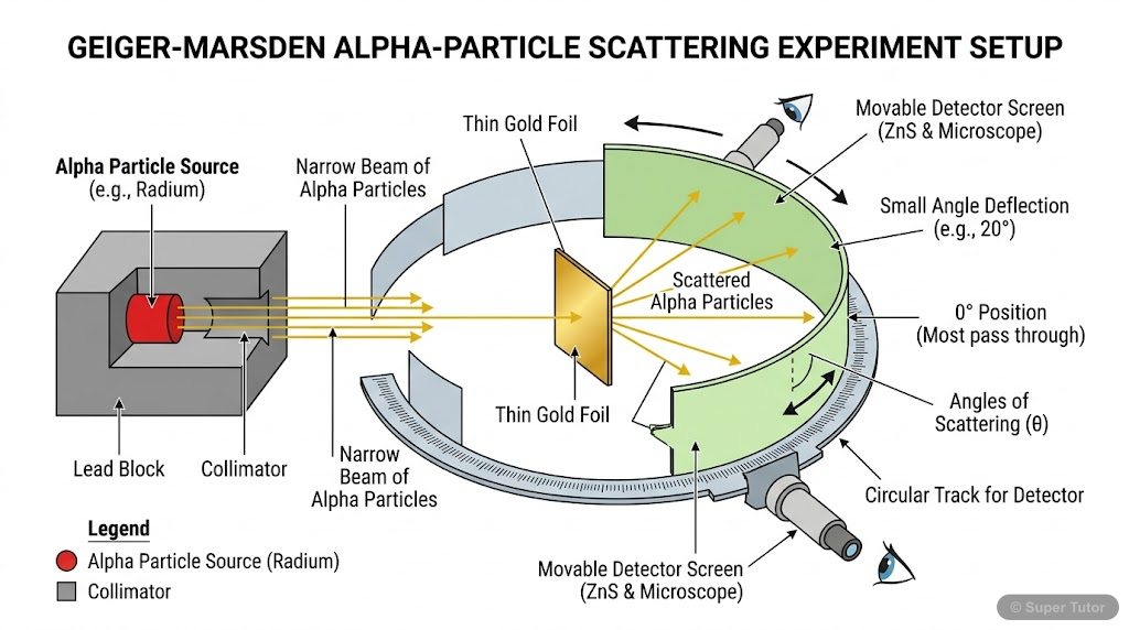 A labeled diagram showing the experimental setup for the Geiger-Marsden alpha-particle scattering experiment, including the alpha source, lead bricks, gold foil, and a movable detector screen.