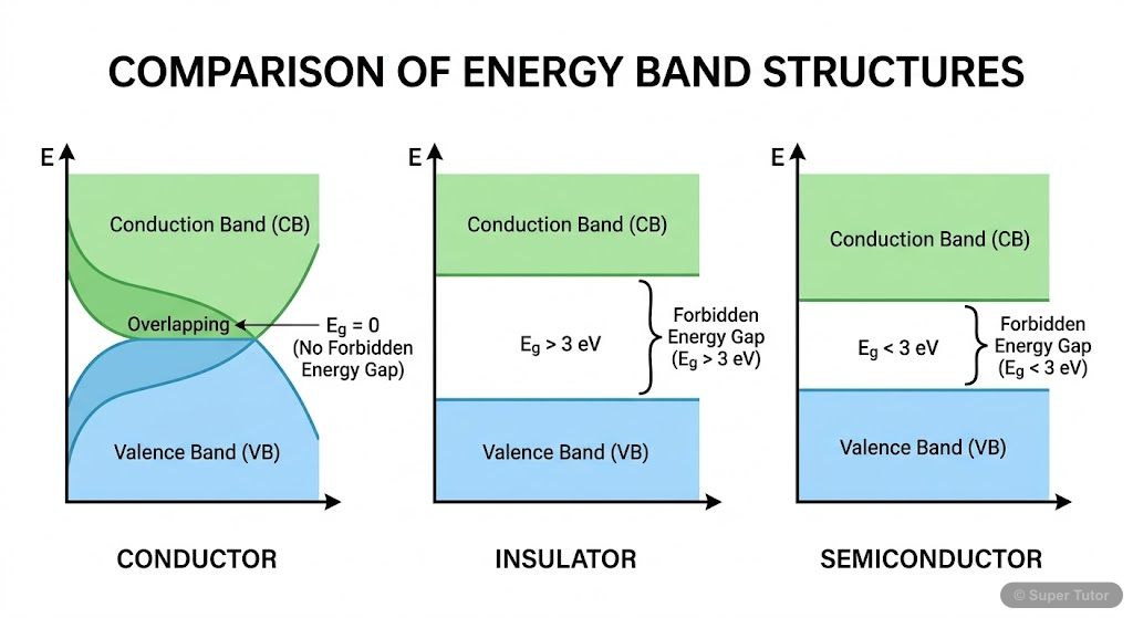 A comparison of energy band diagrams for conductors, insulators, and semiconductors, illustrating the valence band, conduction band, and forbidden energy gap (Eg) for each material type. Labels for Eg
