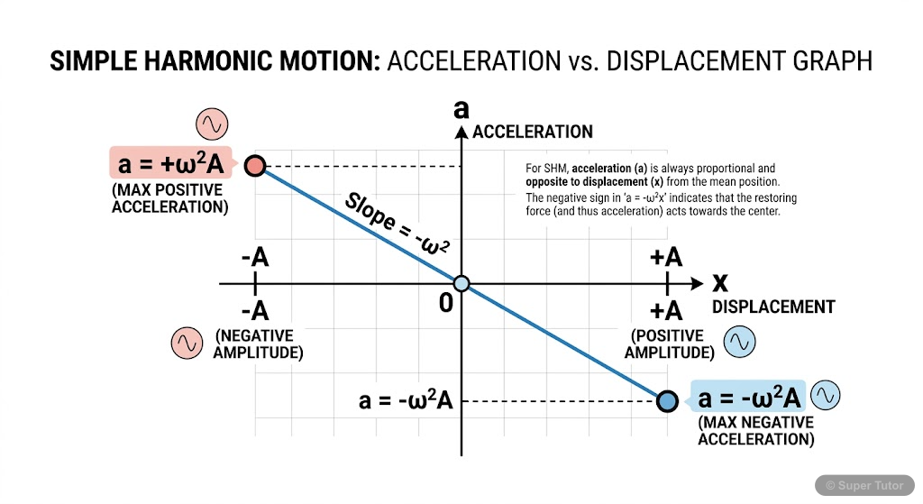 A graph illustrating the linear relationship between acceleration and displacement for a particle in Simple Harmonic Motion, showing it as a straight line passing through the origin with a negative sl