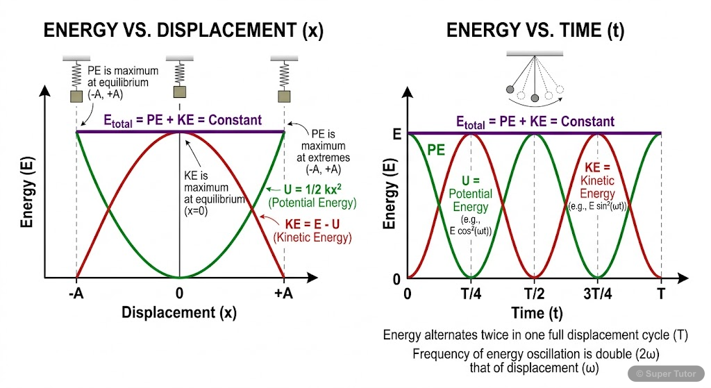Kinetic, Potential, and Total Energy Graphs in SHM Graphs showing the variation of kinetic energy, potential energy, and total energy with respect to both displacement and time for a particle executing Simple Harmonic Motion.