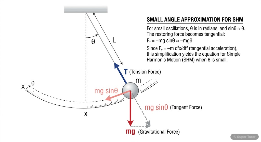 A labeled diagram of a simple pendulum, showing its components, forces acting on the bob, equilibrium position, and angular displacement, with an emphasis on the small angle approximation for SHM.