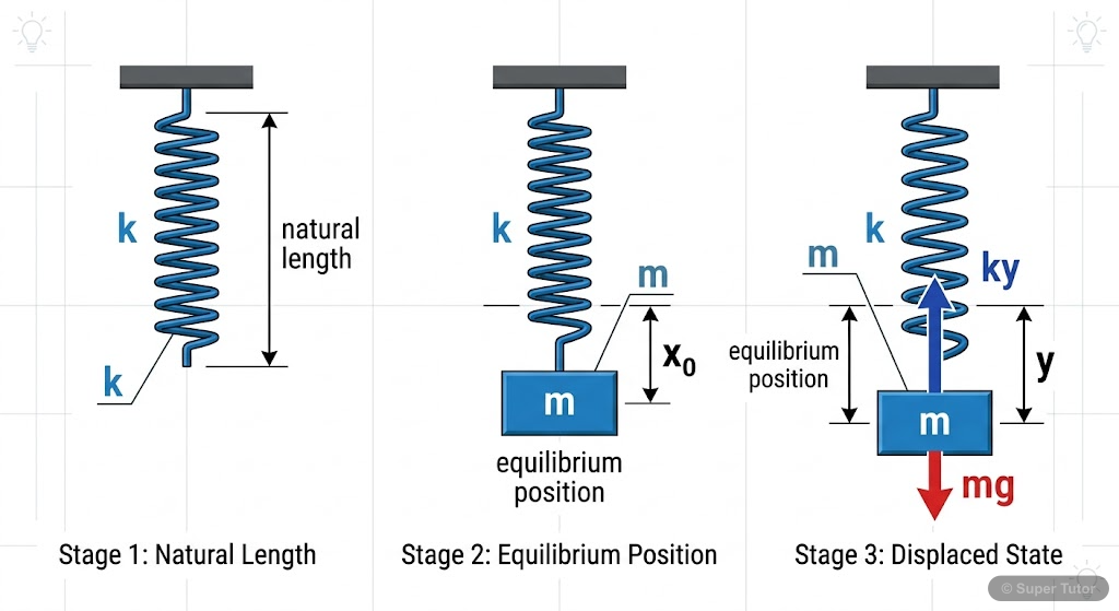 A labeled diagram of a mass suspended from a spring, oscillating vertically, showing the natural length, equilibrium position (due to gravity), displacement from equilibrium, and forces involved.