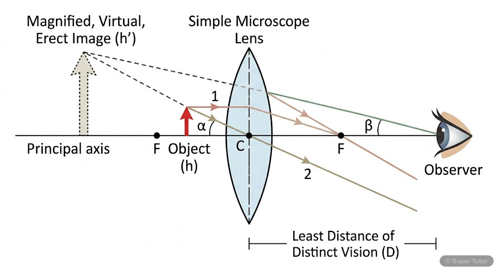 A ray diagram illustrating the working of a simple microscope (converging lens) to produce a magnified, virtual, and erect image when the object is placed between the optical center and the focal poin