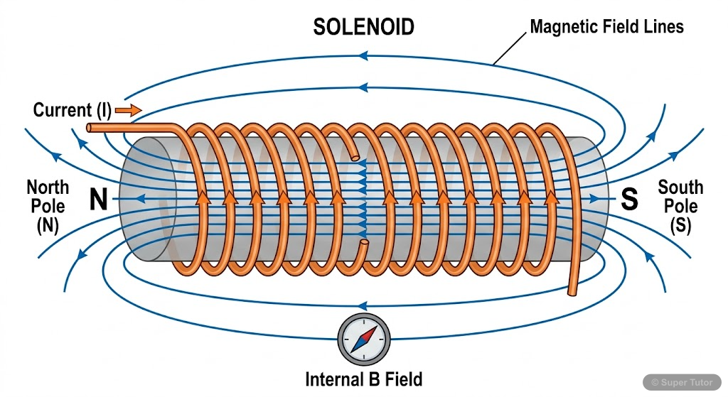 A labeled diagram showing the magnetic field lines produced by a current-carrying solenoid, highlighting the uniform field inside and the resemblance to a bar magnet's field outside.