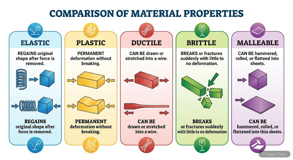 An infographic comparing and illustrating the behavior of different types of solid materials (elastic, plastic, ductile, brittle, malleable) under applied stress, showing their deformation and fractur