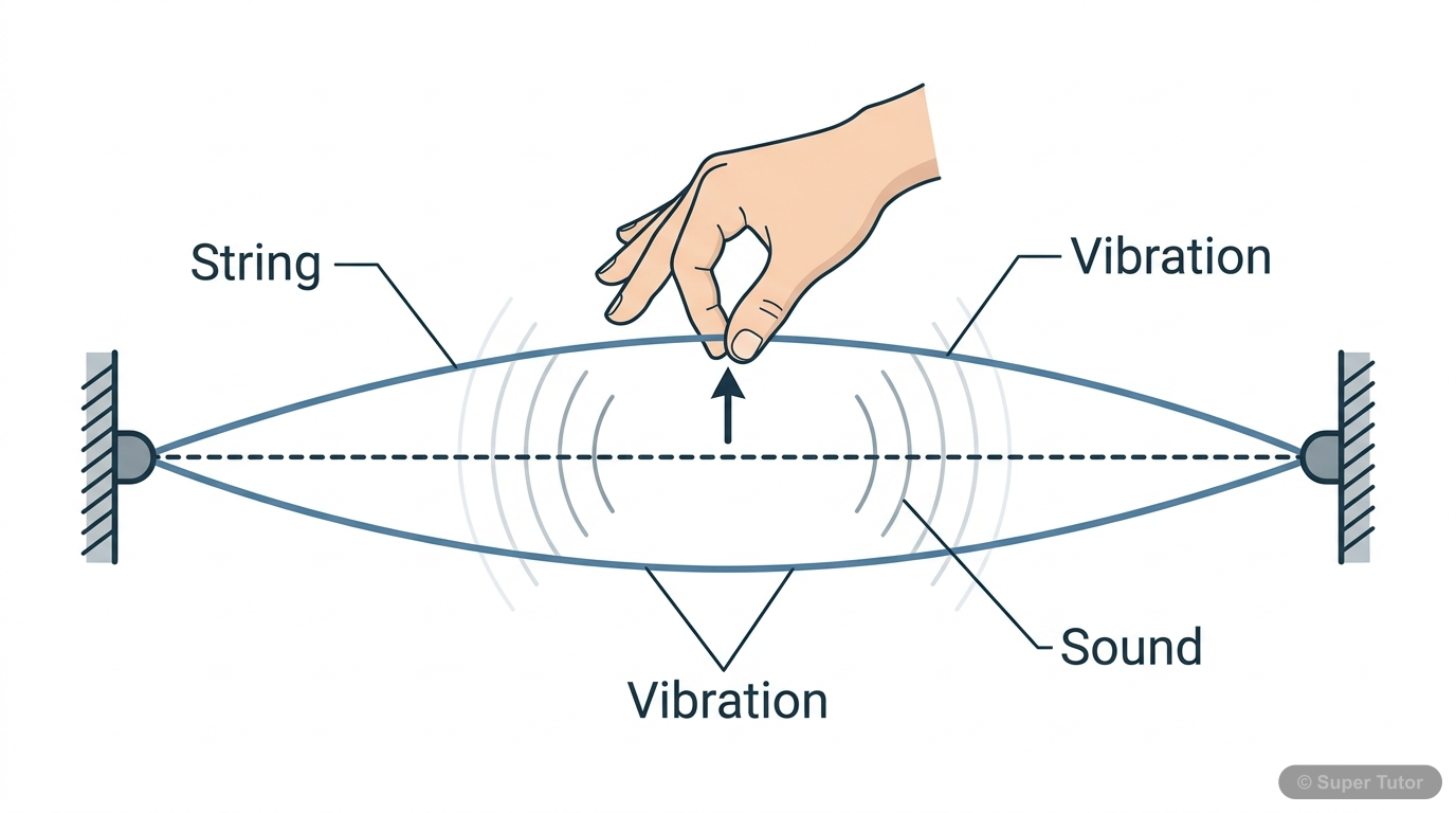 A labeled diagram showing a stretched string being plucked, illustrating how its vibrations produce sound. The string should be shown in its resting and vibrating states.
