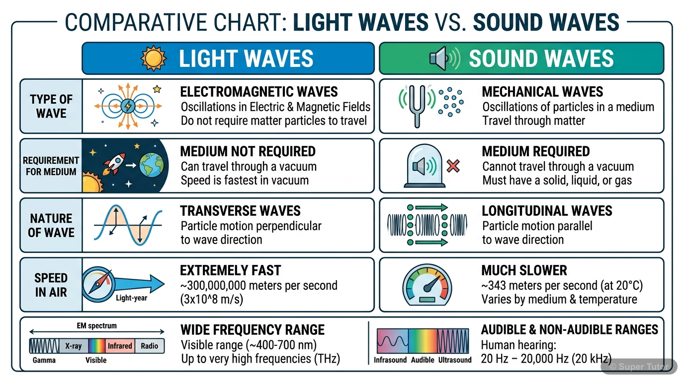 A comparison chart highlighting the key differences between light waves and sound waves, including their nature (electromagnetic vs. mechanical), medium requirement, wave type (transverse vs. longitud