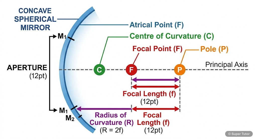 Terminology of Spherical Mirrors A labeled diagram illustrating key terms associated with spherical mirrors, such as pole, center of curvature, radius of curvature, principal axis, and focal point.