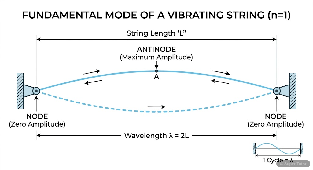 Diagram of a string fixed at both ends vibrating in its fundamental mode (first harmonic), showing one loop, two nodes at the fixed ends, and one antinode at the center. The wavelength is twice the st